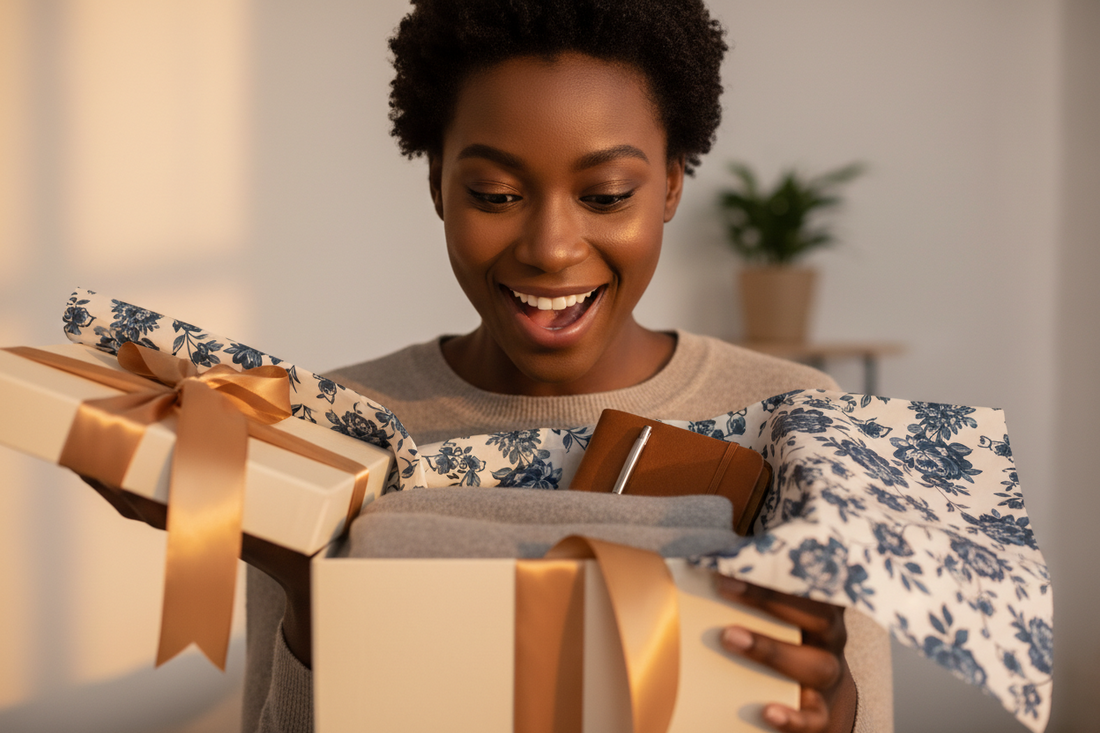 woman opens the most surprising gift and has delight.